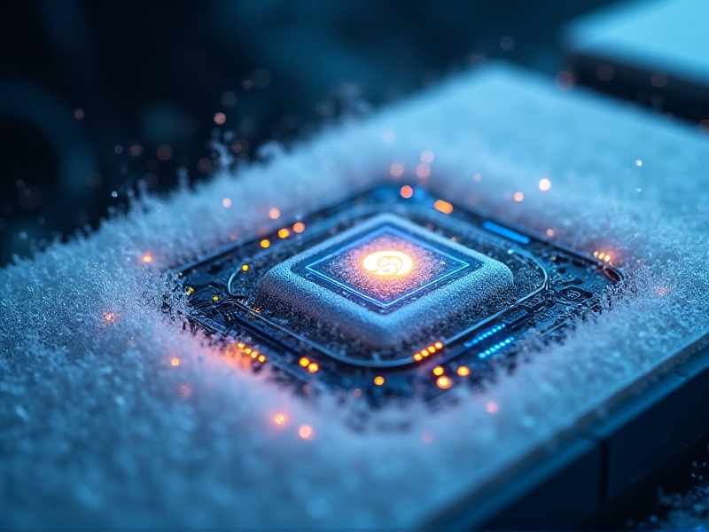 Close-up of a high-tech smart sensor embedded in a cryotherapy chamber, with intricate circuitry and glowing indicators, set against a background of frost and cold mist.