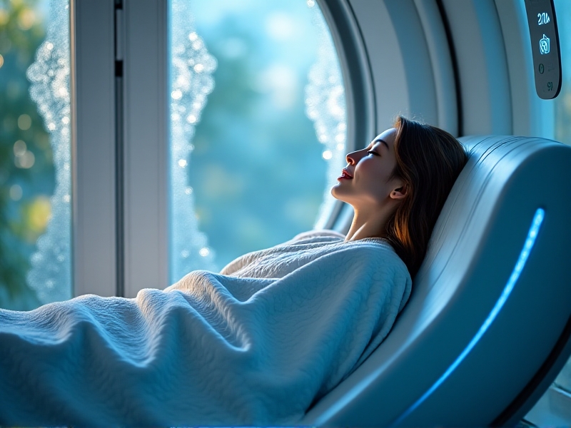 A patient inside a cryotherapy chamber, with smart sensors visibly monitoring their vitals, in a serene, well-lit room with frost-covered walls and a calm atmosphere.