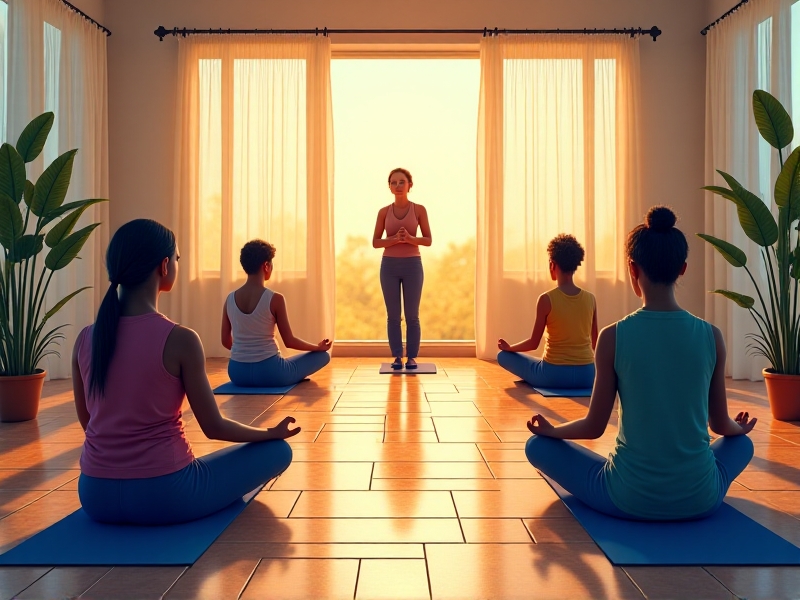 A diverse group of patients participating in various therapeutic activities within a multi-modality recovery center. The scene includes a yoga session in a sunlit room, a therapist guiding a patient through physical rehabilitation exercises, and a counselor conducting a group therapy session. The atmosphere is one of collaboration, healing, and mutual support.