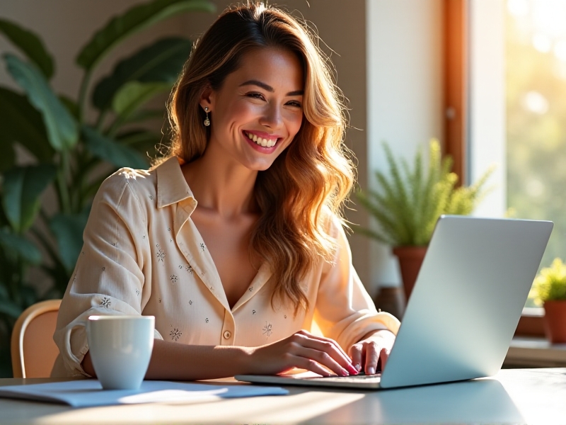 A happy woman in her mid-thirties, sitting at a desk with a laptop, smiling brightly. She is surrounded by colorful design sketches and a cup of coffee, symbolizing her return to a productive and creative lifestyle. The warm, natural lighting in the room enhances the positive and uplifting mood of the image.