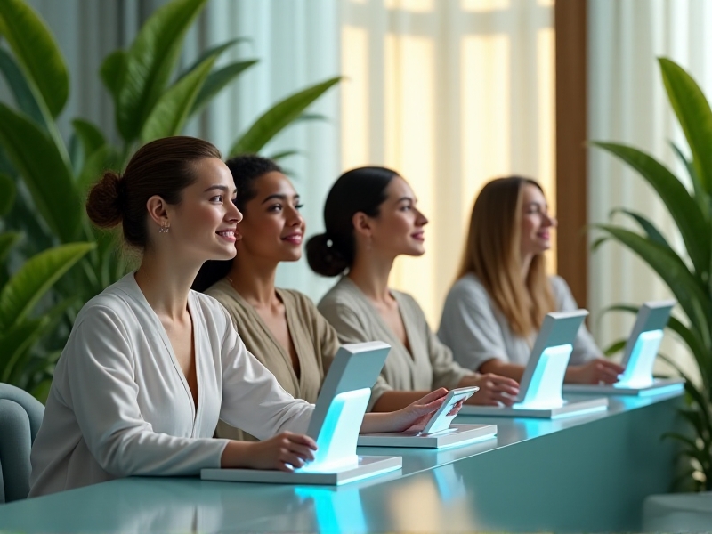 A diverse group of people using IoT-enabled cryo devices in a modern spa setting. Each person is smiling and relaxed, highlighting the positive impact of personalized skincare. The spa features soft lighting, lush plants, and a calming color palette, creating a welcoming and rejuvenating environment.
