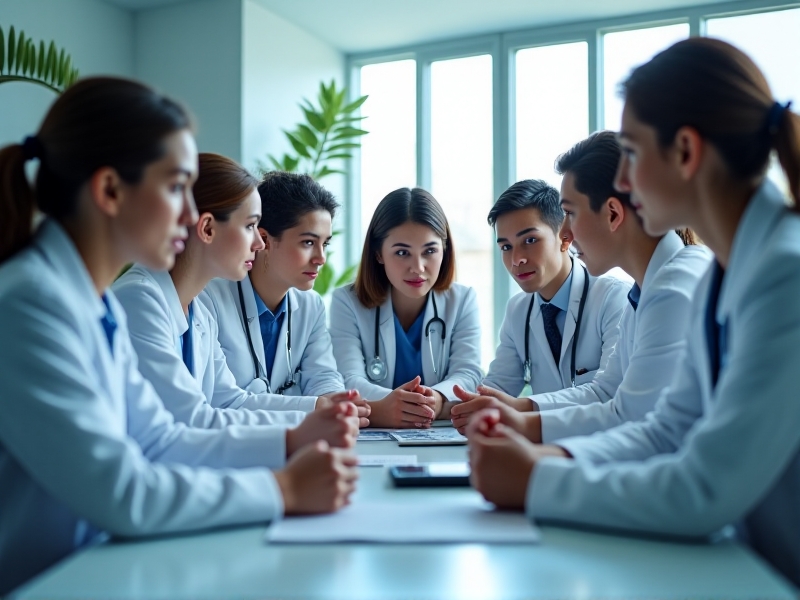 A group of diverse medical professionals in white coats discussing treatment options in a modern, well-lit hospital conference room, conveying a sense of collaboration and decision-making.