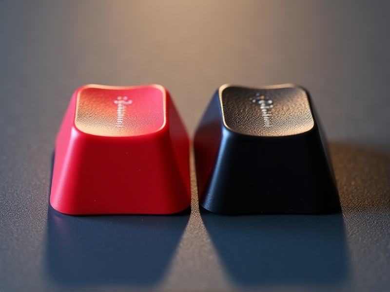 A detailed image of ABS and PBT keycaps placed side by side, showcasing their texture and surface finish. The ABS keycap has a smooth, glossy appearance, while the PBT keycap has a matte, textured surface. The lighting emphasizes the differences in material properties, highlighting how they affect tactile feedback during typing.
