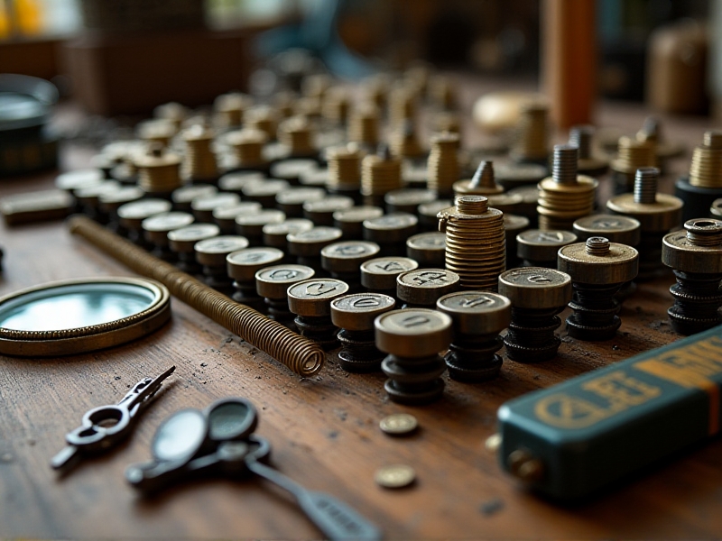 A close-up of various typewriter parts neatly organized on a workbench, including keys, springs, and ribbons, with a magnifying glass and small tools ready for use.