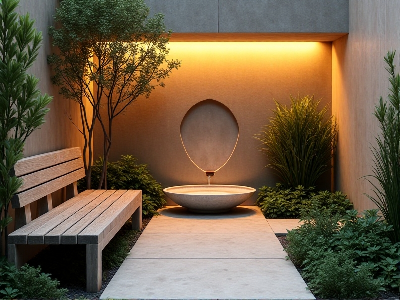 A well-designed transition zone featuring a blend of natural and artificial elements, including soft lighting, a wooden bench, and a small fountain. The space is adorned with plants and features a minimalist aesthetic, emphasizing tranquility and sensory engagement.