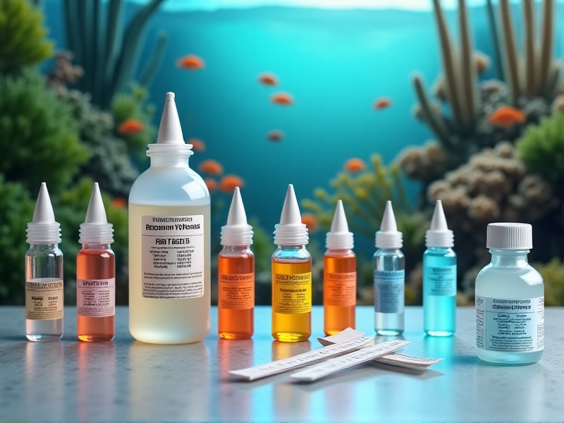 A collection of pH adjustment tools, including bottles of calcium hydroxide and pH buffer solutions, arranged neatly on a countertop with a saltwater aquarium in the background, illustrating safe methods for adjusting pH levels.