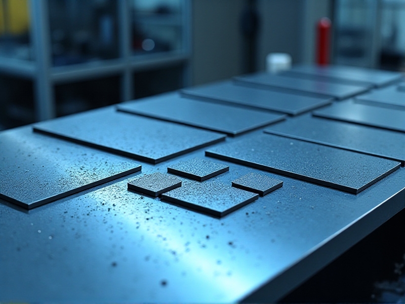 An array of corrosion-resistant materials including stainless steel sheets, titanium rods, and plastic panels displayed on a workbench. The materials are shown in various stages of testing, with some exhibiting signs of wear but no corrosion. The lighting is bright, emphasizing the metallic sheen and smooth textures of the materials.
